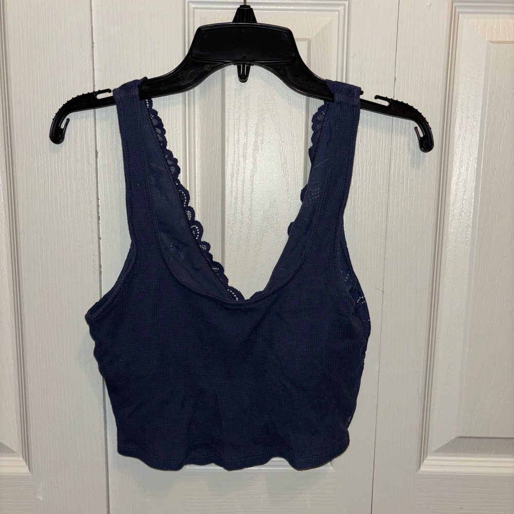 aerie Navy Blue Lace-Trim Cropped Tank Top